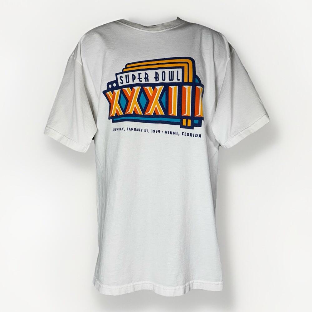 VTG‎ 1999 Superbowl XXXIII 33 Mens XL Tee Broncos Falcons White Graphic T-shirt
